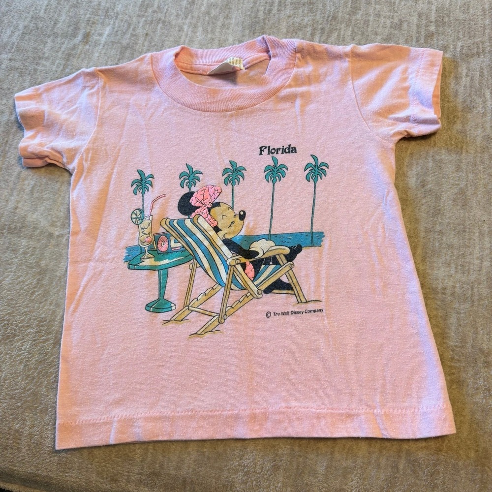 Vintage Disney Minnie Mouse Florida Tourist T Shirt Pink Made USA Toddler 2T